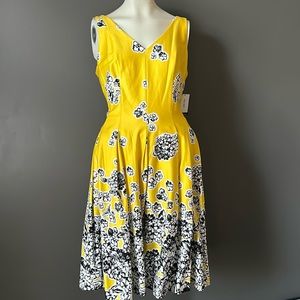 Nine West A-Line Sunshine Yellow Black White Floral Sleeveless Dress size 10 NWT